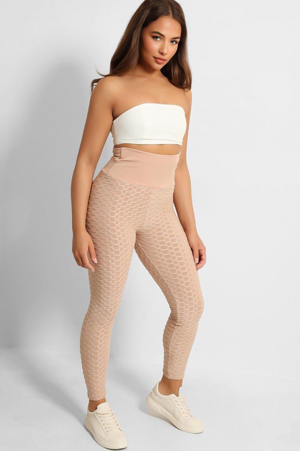 Legging push-up taille haute beige anti-cellulite effet minceur avec noeud au dos - 1