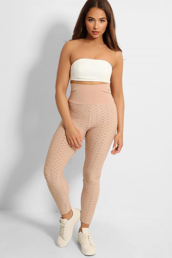 Legging push-up taille haute beige anti-cellulite effet minceur avec noeud au dos - 2