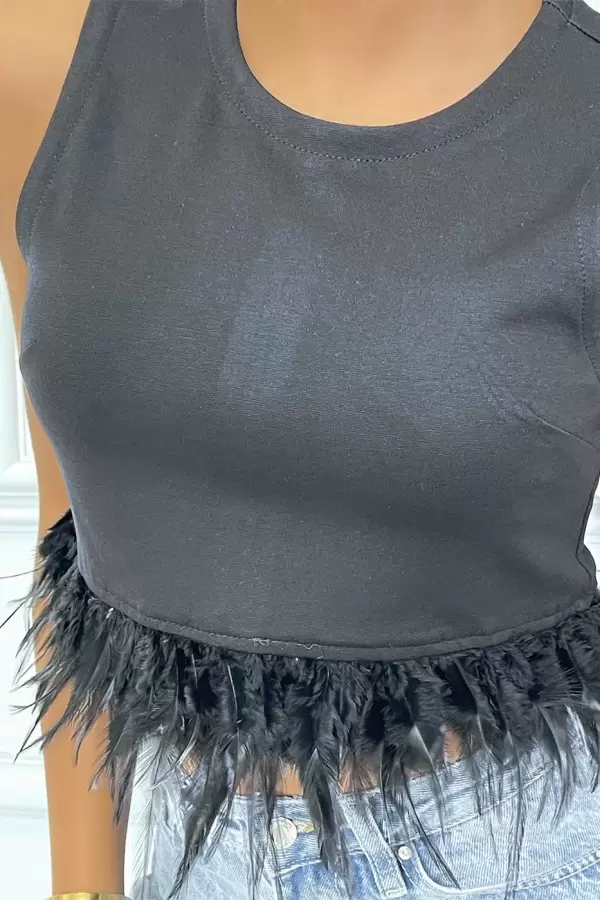 Crop top noir avec plumes sans manches à col rond - 2