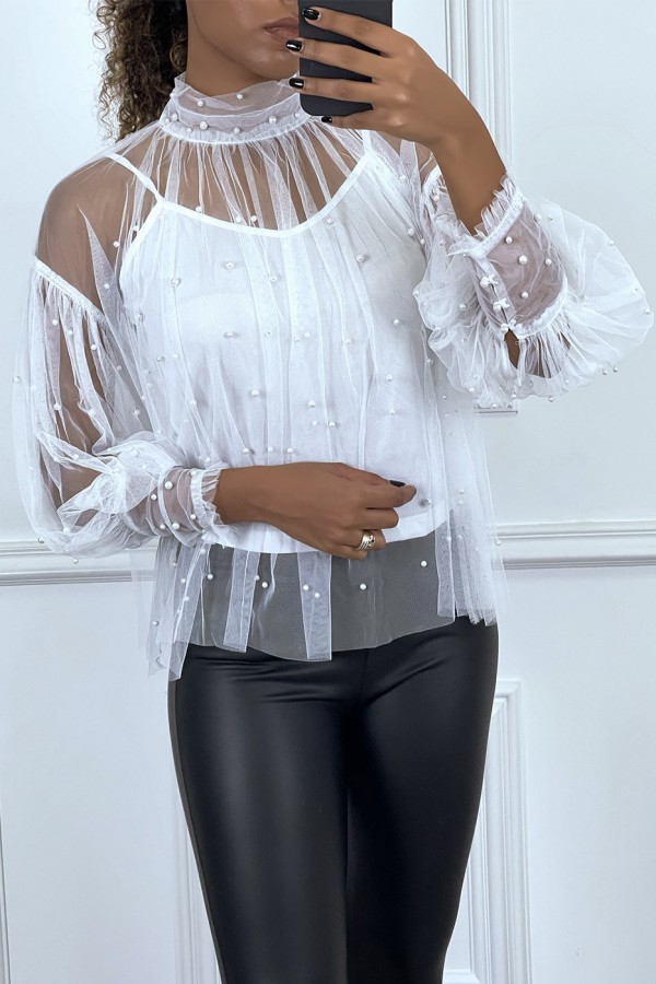 Blouse blanche en tulle transparent perlé à col haut - 2