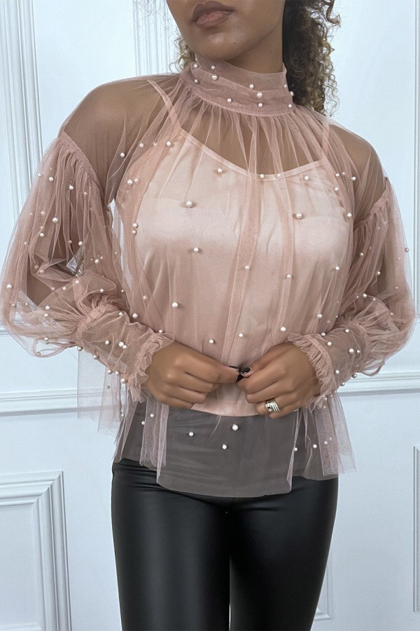 Blouse rose en tulle transparent perlé à col haut - 1