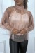 Blouse rose en tulle transparent perlé à col haut | $5.69 | OKKO MODE