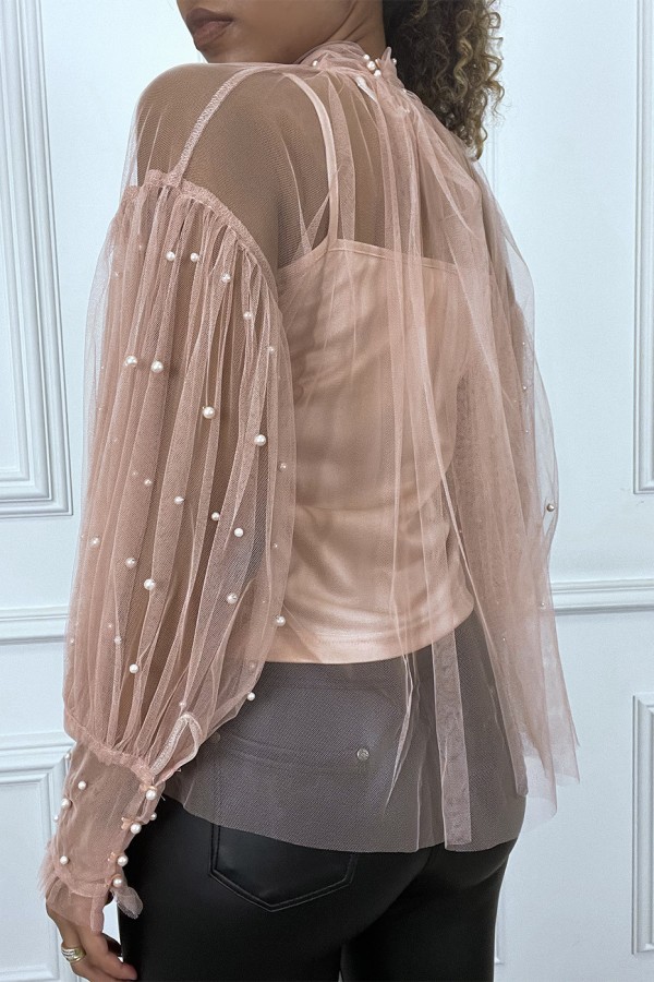 Blouse rose en tulle transparent perlé à col haut - 2