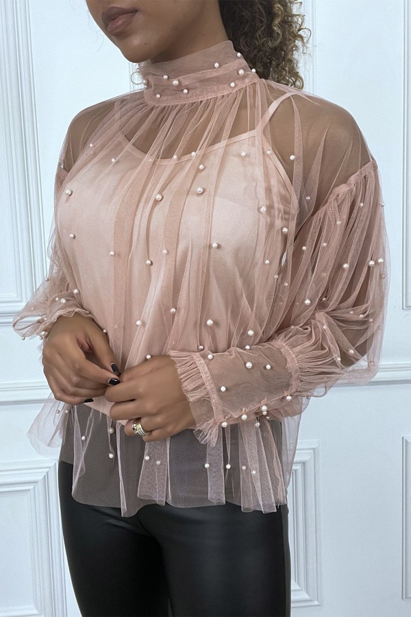 Blouse rose en tulle transparent perlé à col haut - 3