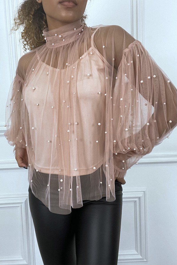 Blouse rose en tulle transparent perlé à col haut - 4