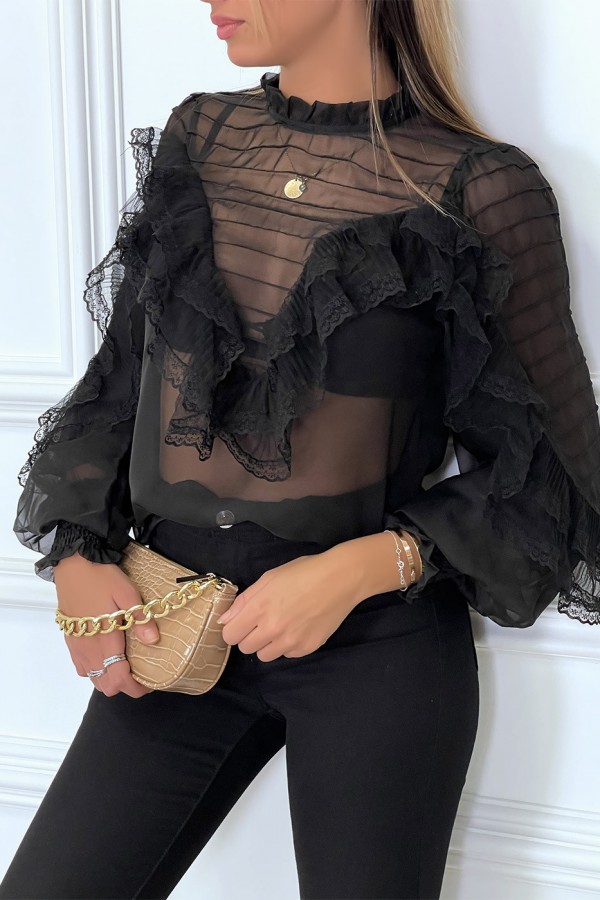 Blouse noir en tulle avec broderie et volant - 3