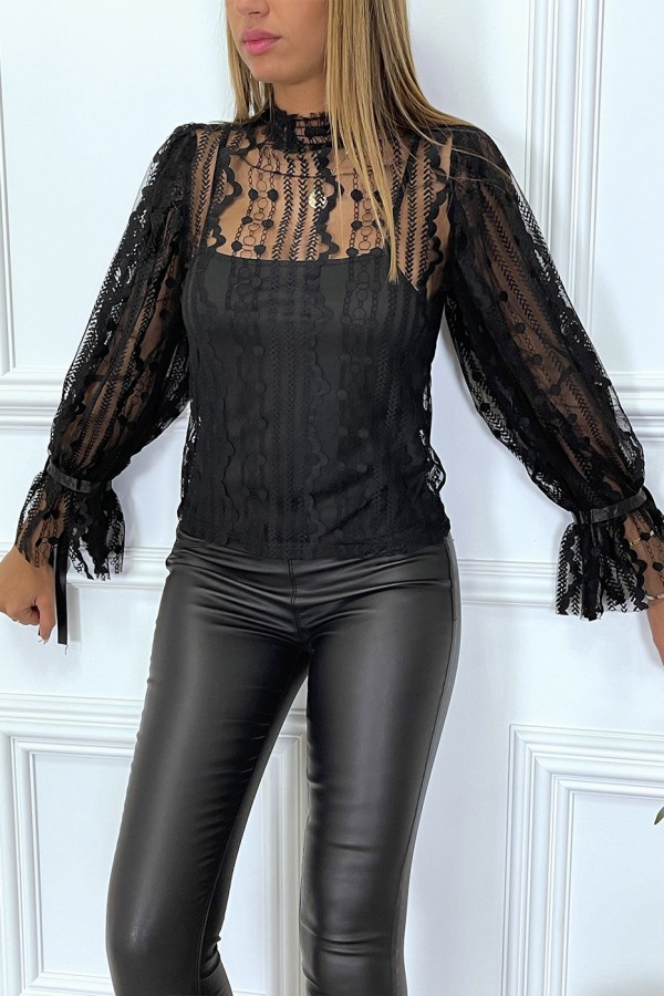 Blouse noire en tulle et dentelle à volants - 8