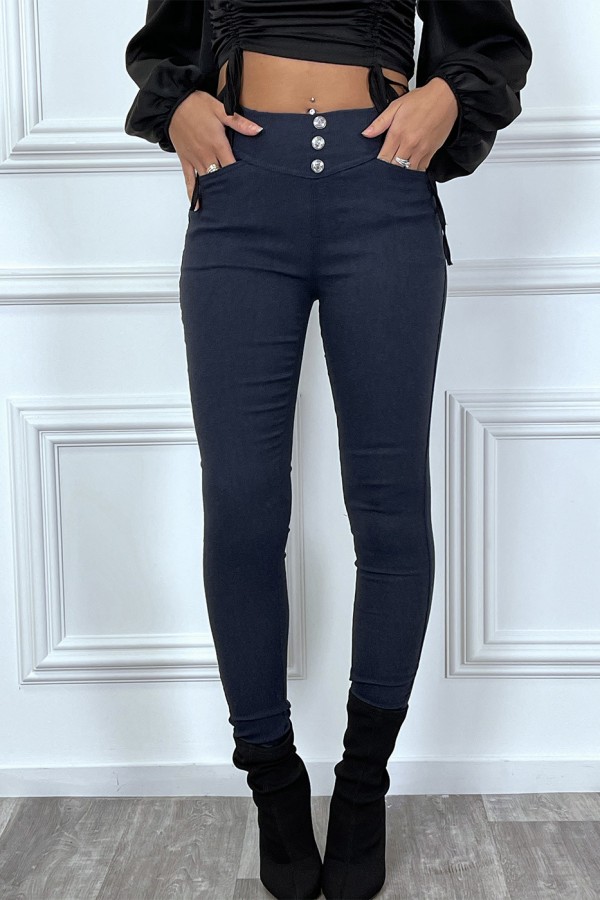 Pantalon slim marine avec 3 boutons et poches - 1