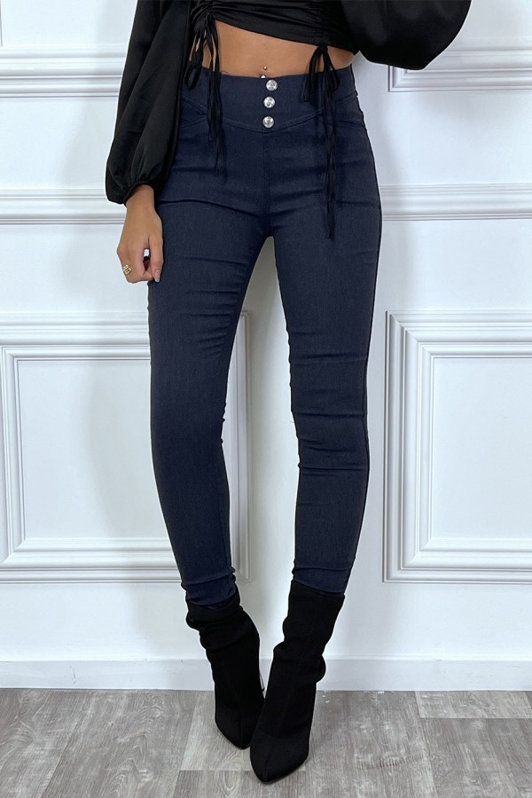 Pantalon slim marine avec 3 boutons et poches - 3