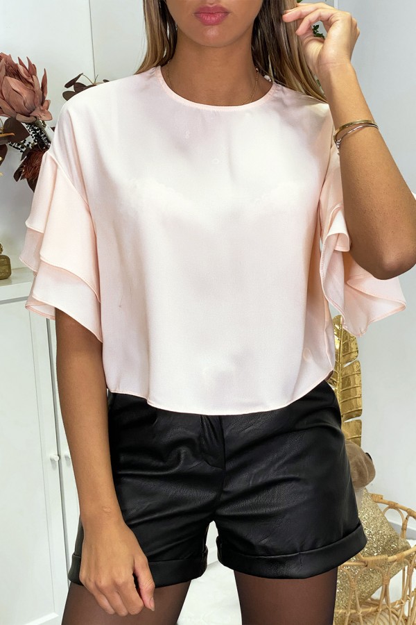 Blouse rose en crêpe avec volants aux manches - 2