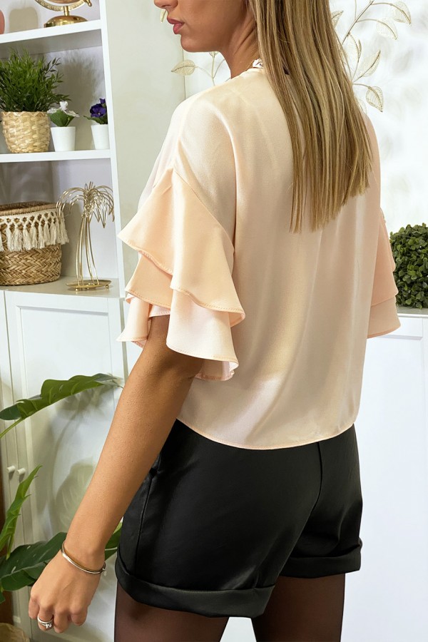 Blouse rose en crêpe avec volants aux manches - 3