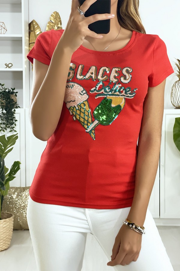 Tee-shirt rouge avec dessin en strass - 3