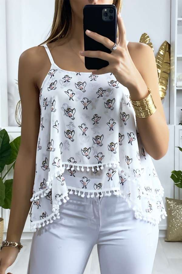 Débardeur blanc à volant avec motif oiseaux et mini pompons - Look estival unique