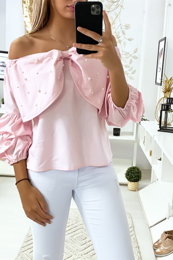 Blouse rose avec papillons ornée de strass à l'avant - 2