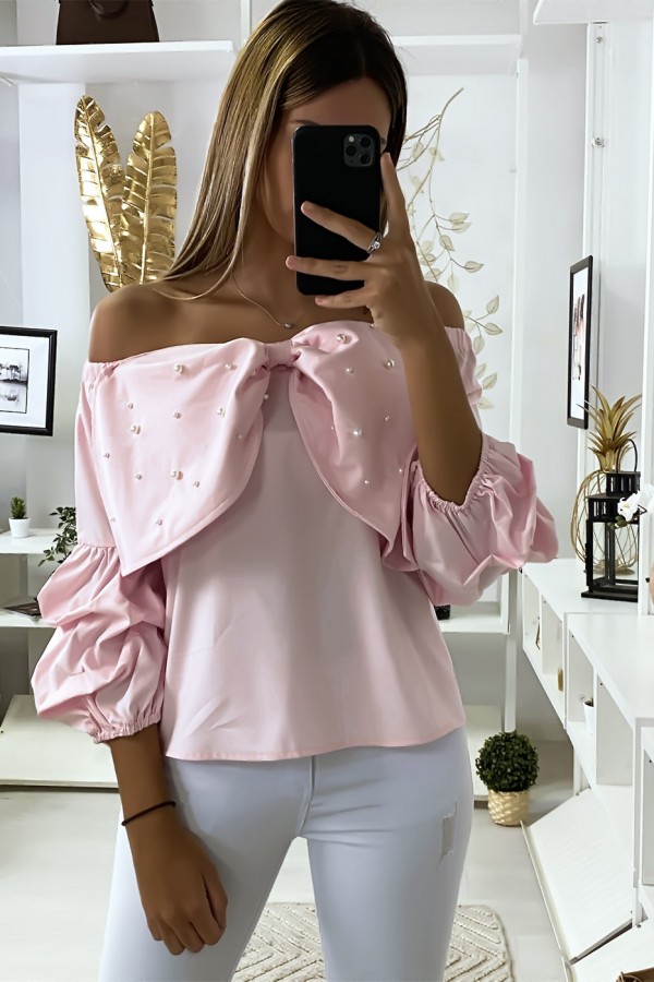 Blouse rose avec papillons ornée de strass à l'avant - 3