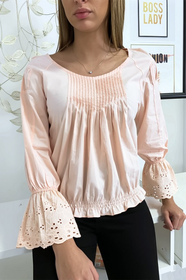 Blouse rose plissé au buste avec volant en dentelle aux manches - 5