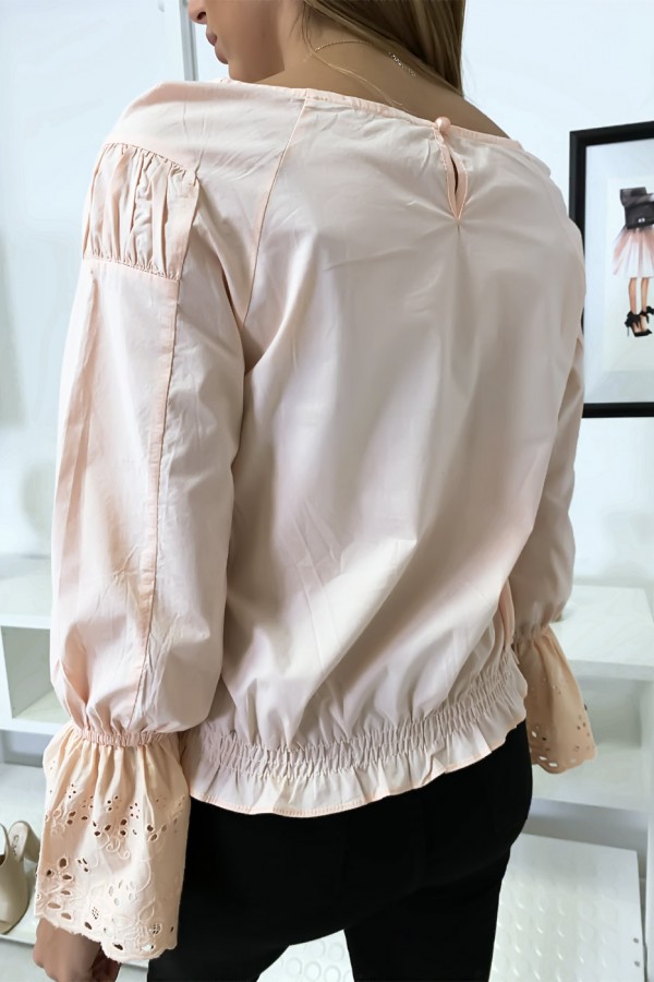 Blouse rose plissé au buste avec volant en dentelle aux manches - 6