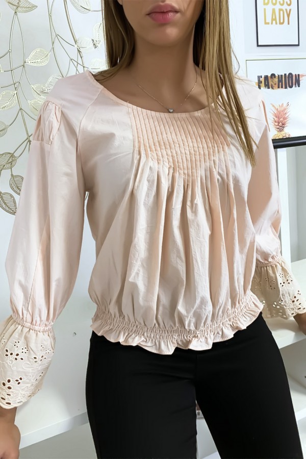 Blouse rose plissé au buste avec volant en dentelle aux manches - 7