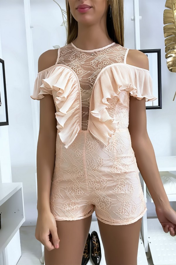 Combi-short en dentelle rose avec de jolis volant plissé - 1