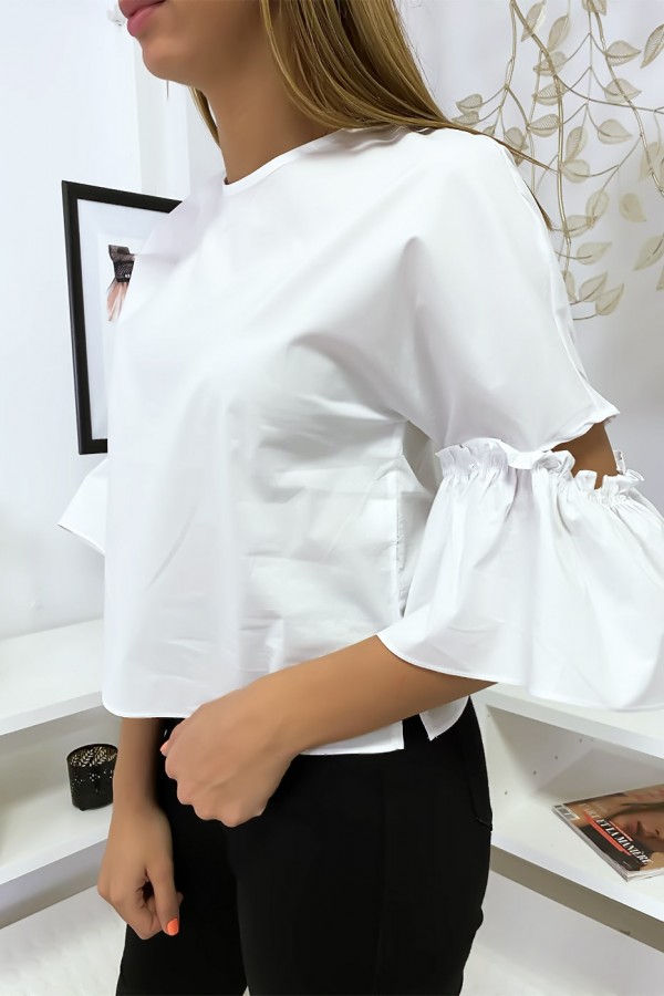 Blouse blanche manches volantes avec joli petit noeud - 2