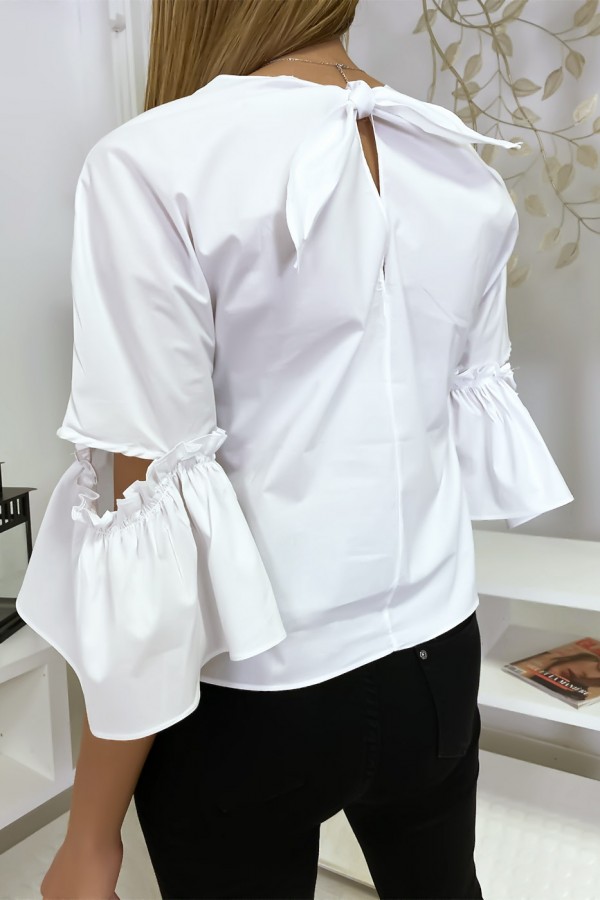 Blouse blanche manches volantes avec joli petit noeud - 6