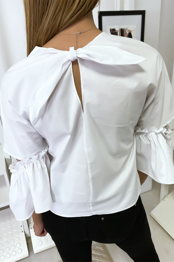 Blouse blanche manches volantes avec joli petit noeud - 7