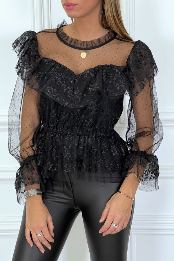 Blouse noire en dentelle à volants et col haut et plumetis - 1