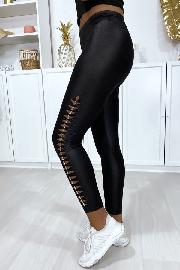 Legging noir brillant très extensible avec accessoire sur les cotés - 1