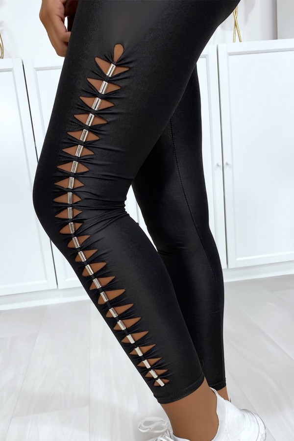 Legging noir brillant très extensible avec accessoire sur les cotés - 2