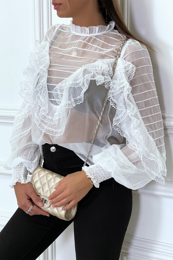 Blouse blanche en tulle avec broderie et volant - 3