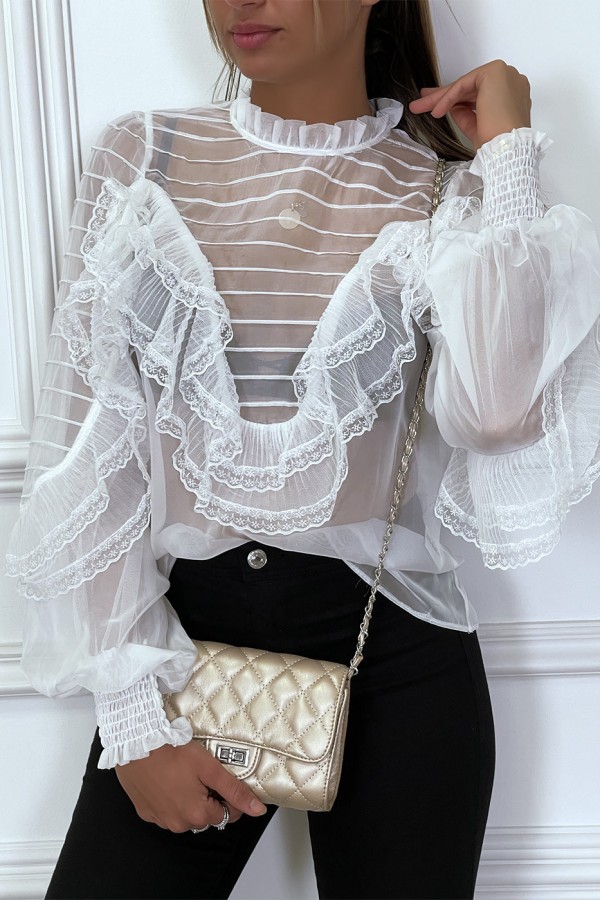 Blouse blanche en tulle avec broderie et volant - 4