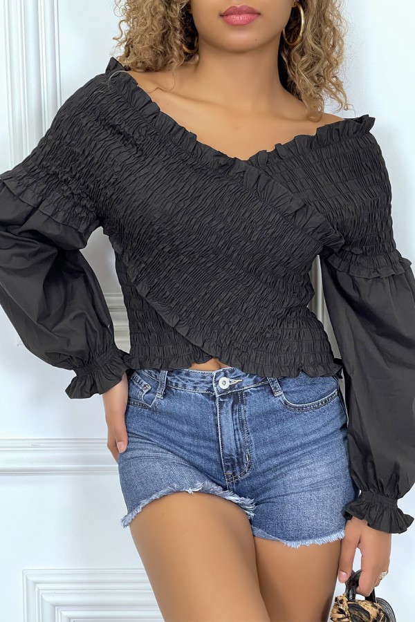 Blouse plissée noire, à manches longues bouffantes - 1