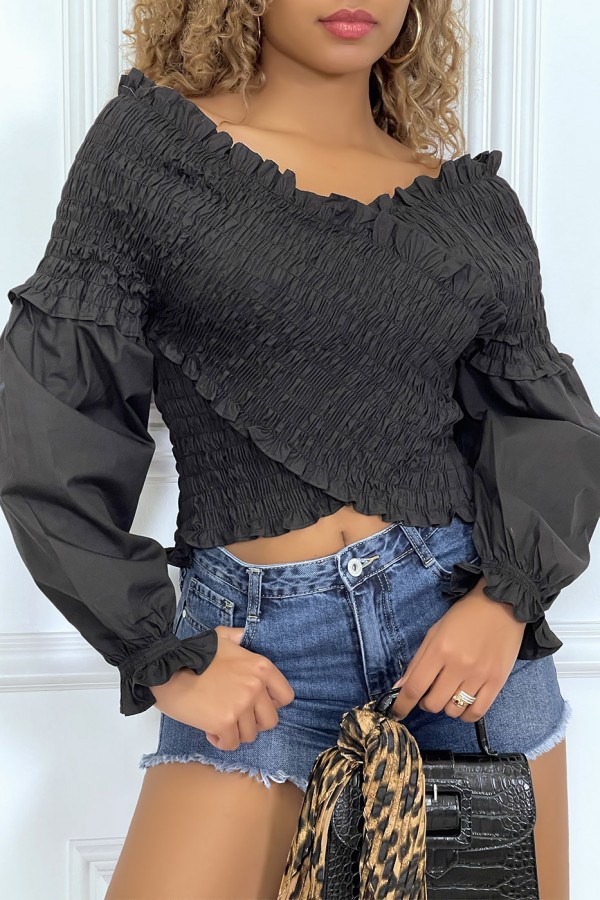 Blouse plissée noire, à manches longues bouffantes - 3