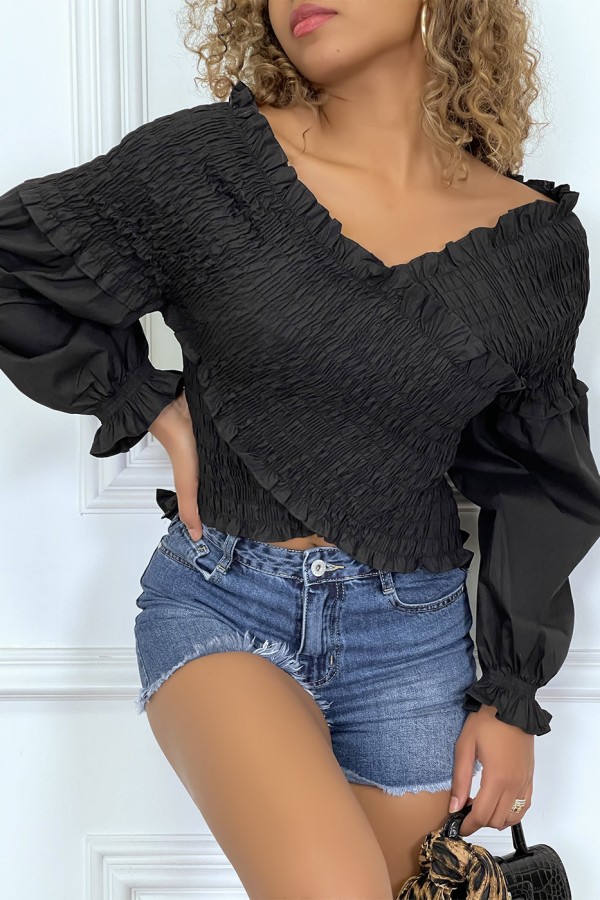 Blouse plissée noire, à manches longues bouffantes - 4