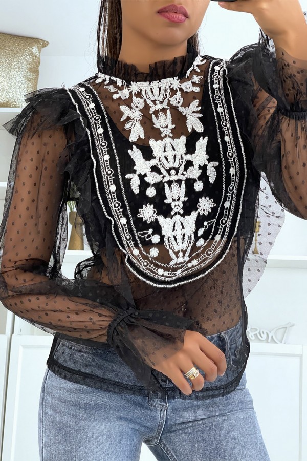 Blouse noire en tulle avec volant et broderie - 5