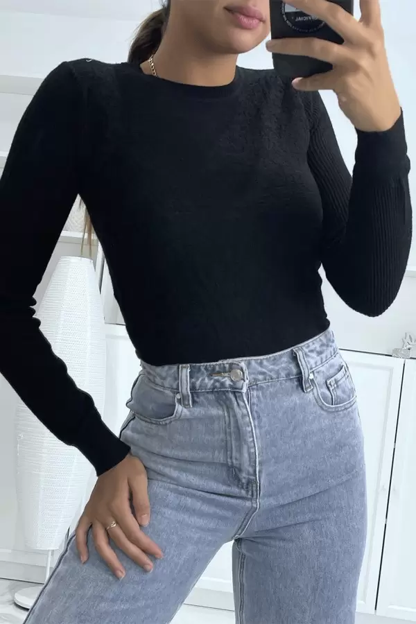 Black Jacquard Patterned Pullover with Ribbed Sleeves