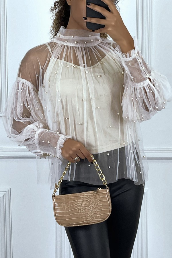 Blouse beige en tulle transparent perlé à col haut - 1