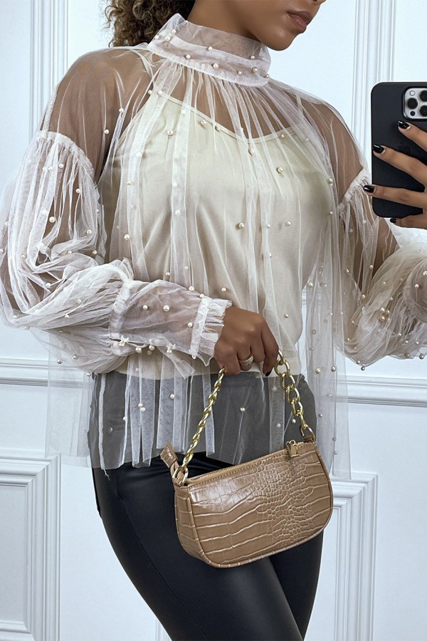 Blouse beige en tulle transparent perlé à col haut - 3