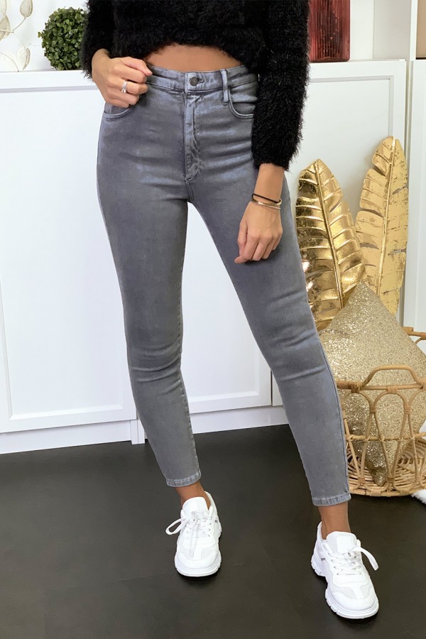 Jeans gris en taille haute très extensible avec poches - 2