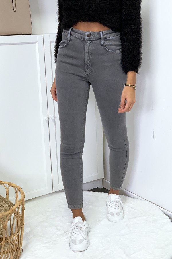 Jeans gris en taille haute très extensible avec poches - 3