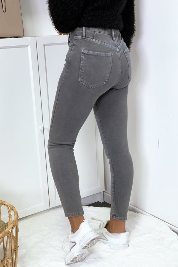 Jeans gris en taille haute très extensible avec poches - 4