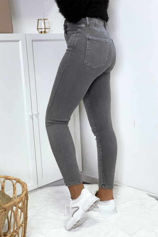 Jeans gris en taille haute très extensible avec poches - 5