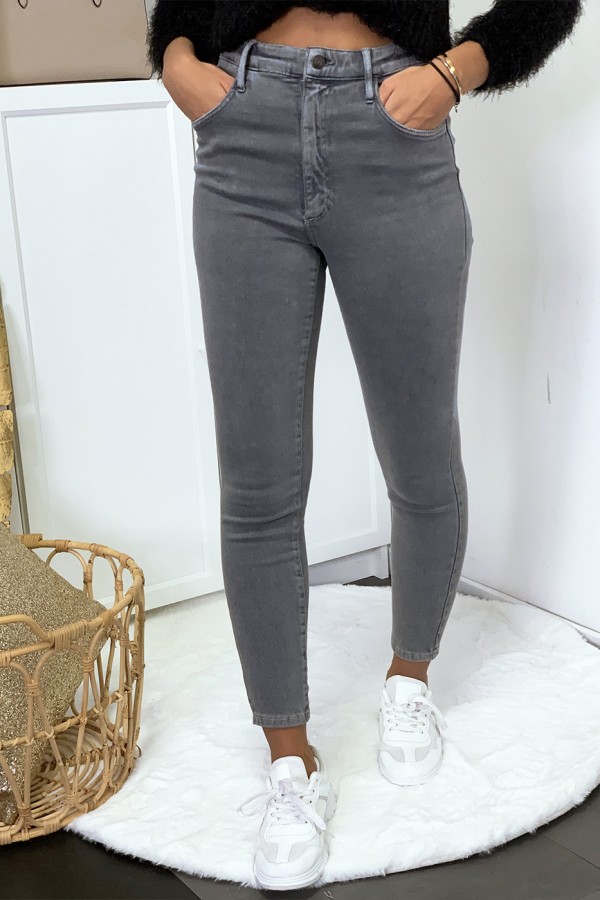 Jeans gris en taille haute très extensible avec poches - 7