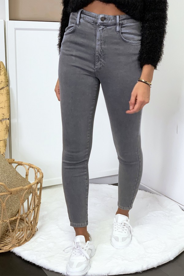 Jeans gris en taille haute très extensible avec poches - 8