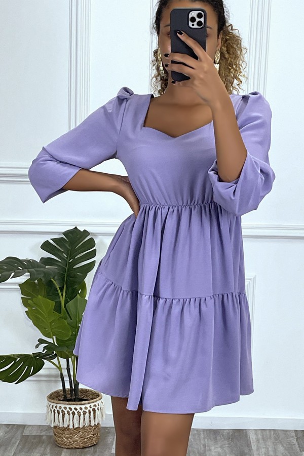 Robe violette évasée à col coeur froncé sur plusieurs endroit - 1