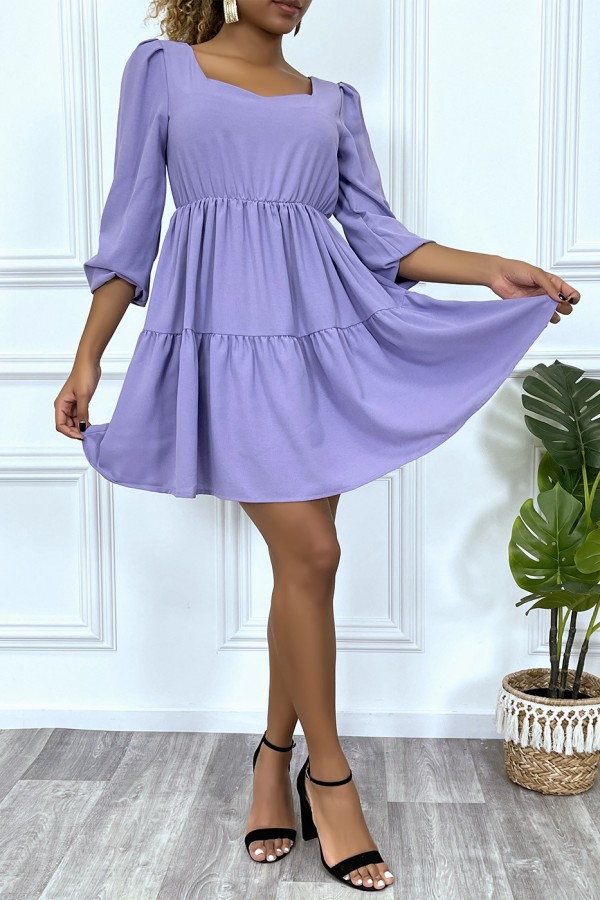 Robe violette évasée à col coeur froncé sur plusieurs endroit - 3