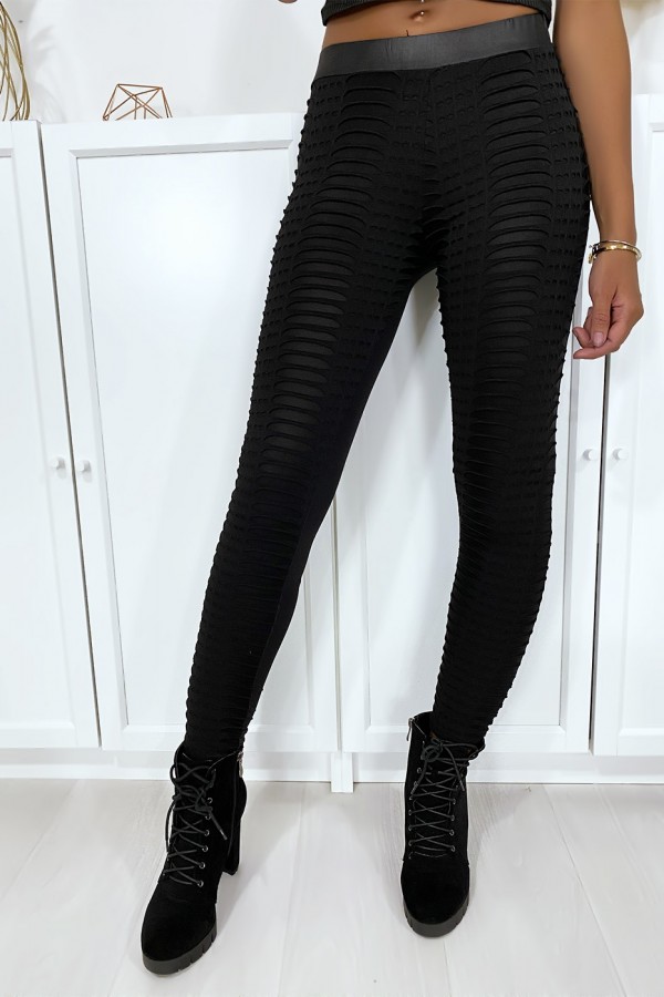 Legging jacquard noir transparent à l'avant et simili à l'arrière - 1