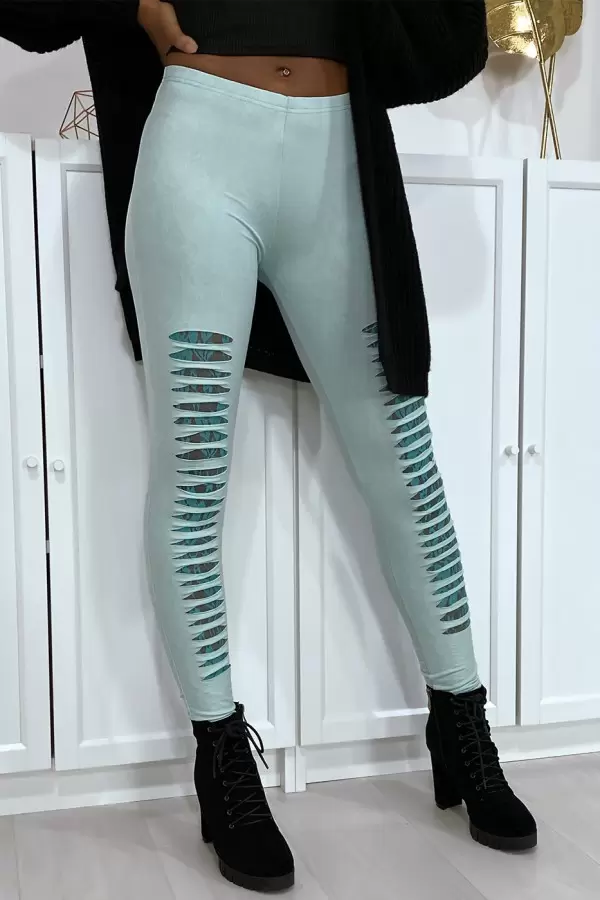 Legging vert deau effilé à lavant et doublé en dentelle