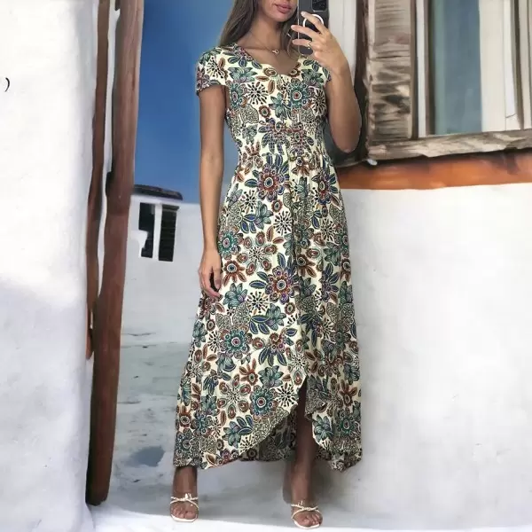 Longue robe motif fleuri beige et vert avec fronce à la taille