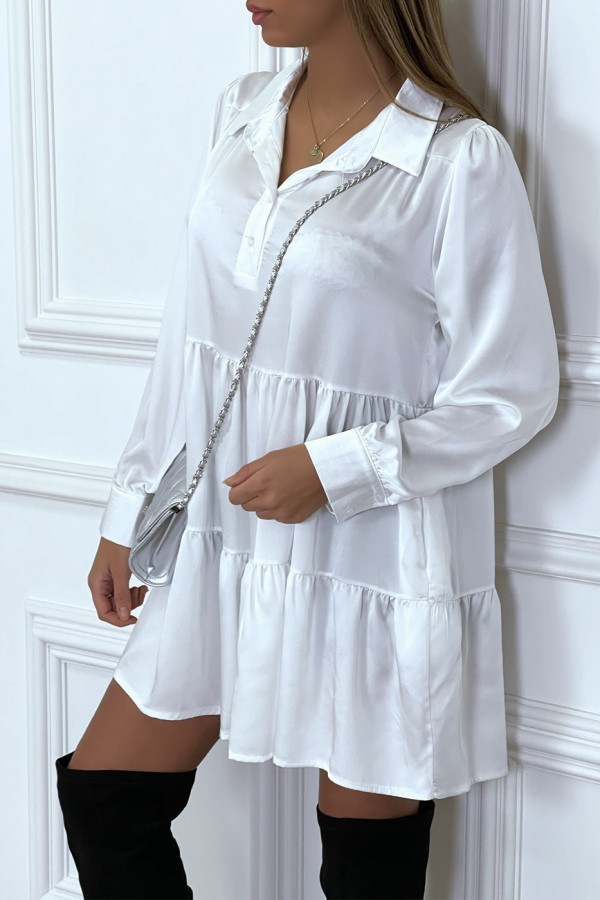 Robe chemise blanche satinée à volant - 2